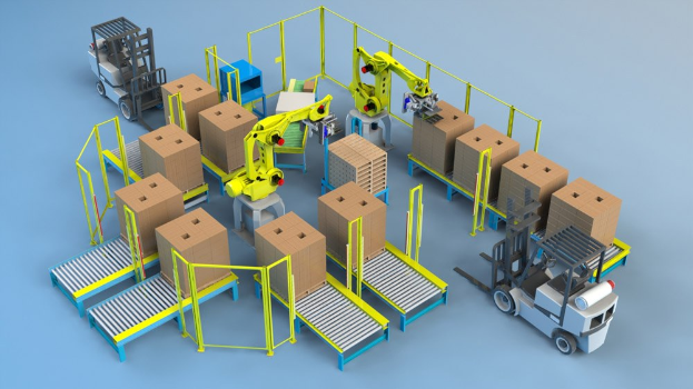 Gruppe automatisierter Roboter beim Handling von Kartonagen auf einem Fl├Ąnband in einem High-Tech-Lager mit Fahrzeugen auf dem Boden.