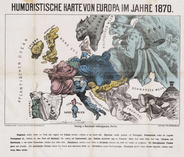 Ein Plakat mit der "Humoristischen Karte von Europa im Jahre 1870", das eine Karte von Europa mit Cartoon-Bildern drumherum zeigt.