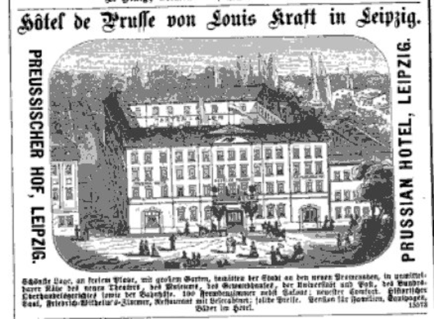 Black and white advertisement for a Leipzig, Germany hotel showing its building, surrounding trees, and people, accompanied by descriptive text.