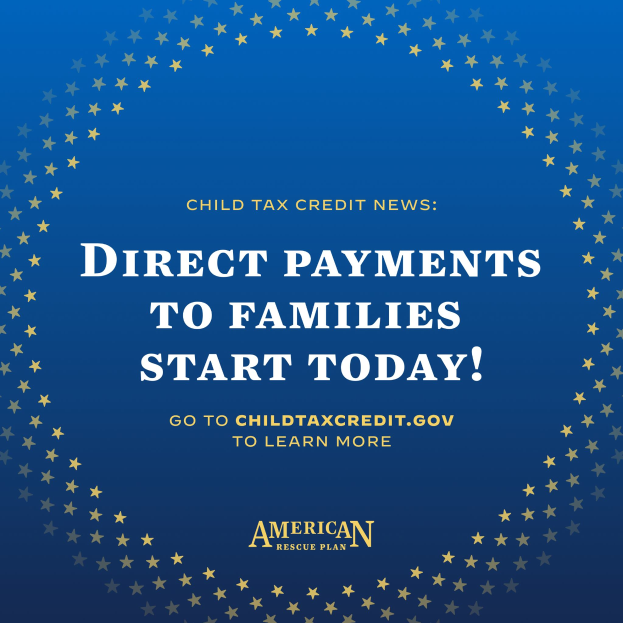 Ein Plakat mit der Aufschrift "Direkte Zahlungen an Familien beginnen heute" umgeben von Sternen.