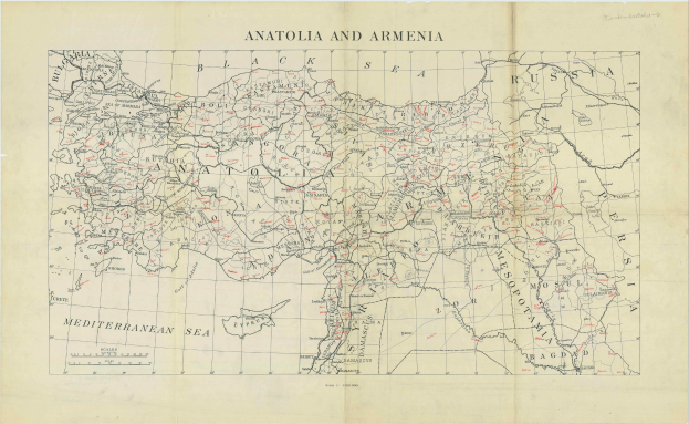 Detailierte Karte von Anatolien und Armenien auf Papier mit begleitendem Text über die Region und ihre Bewohner.