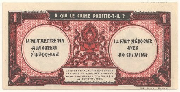 Alte französische Banknote mit ernstem Mann im Anzug, Text "A qui le crime profite-il?" auf weißem Hintergrund mit schwarzem Rand.