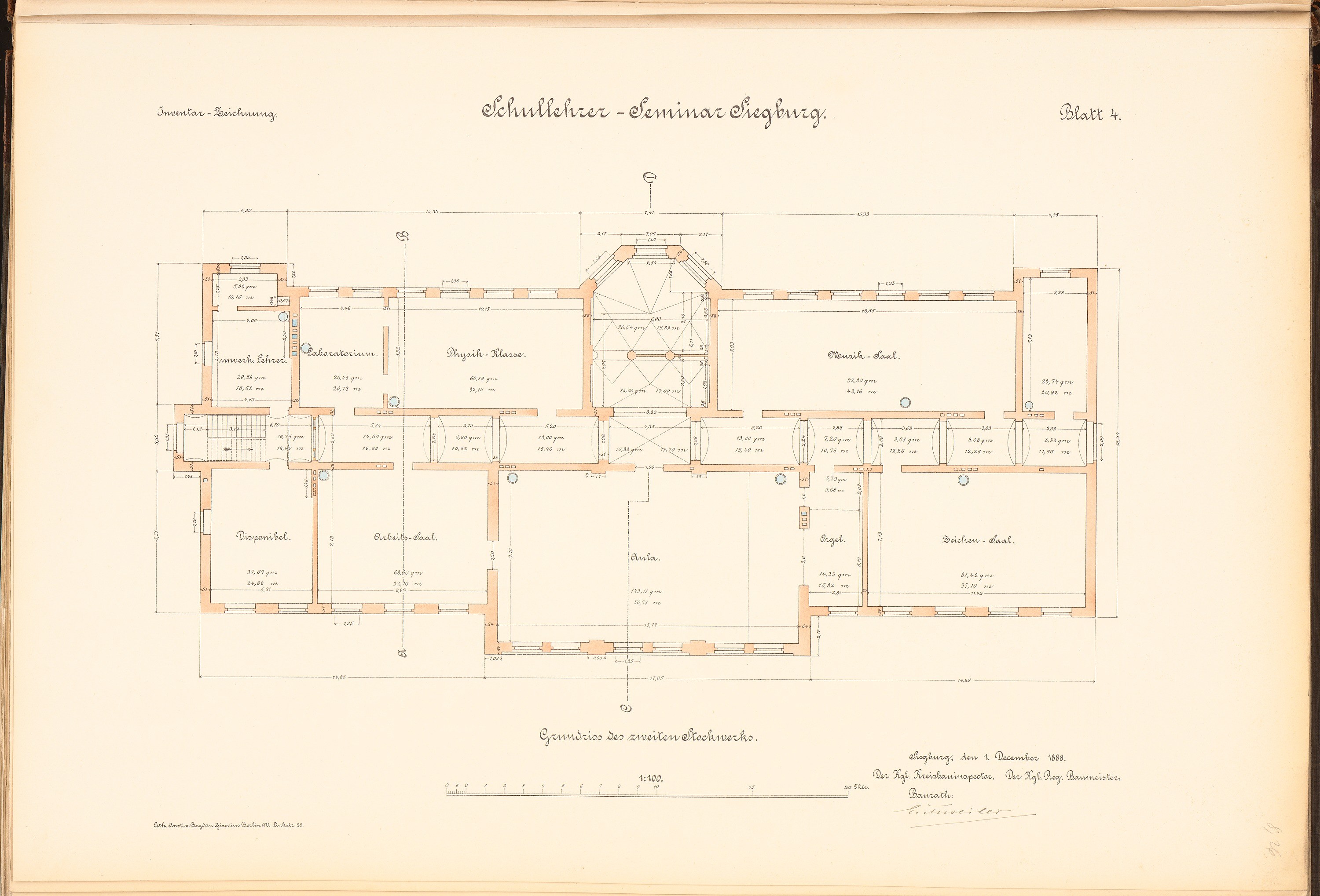 Old book open to a detailed floor plan of the Schullacher-Seminar Schütze school building, showing windows, doors, and room layouts with accompanying text.