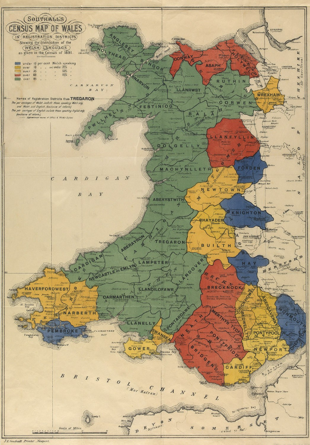 A poster displaying a map of Wales and England with counties highlighted in different colors, accompanied by text detailing county names and boundaries.