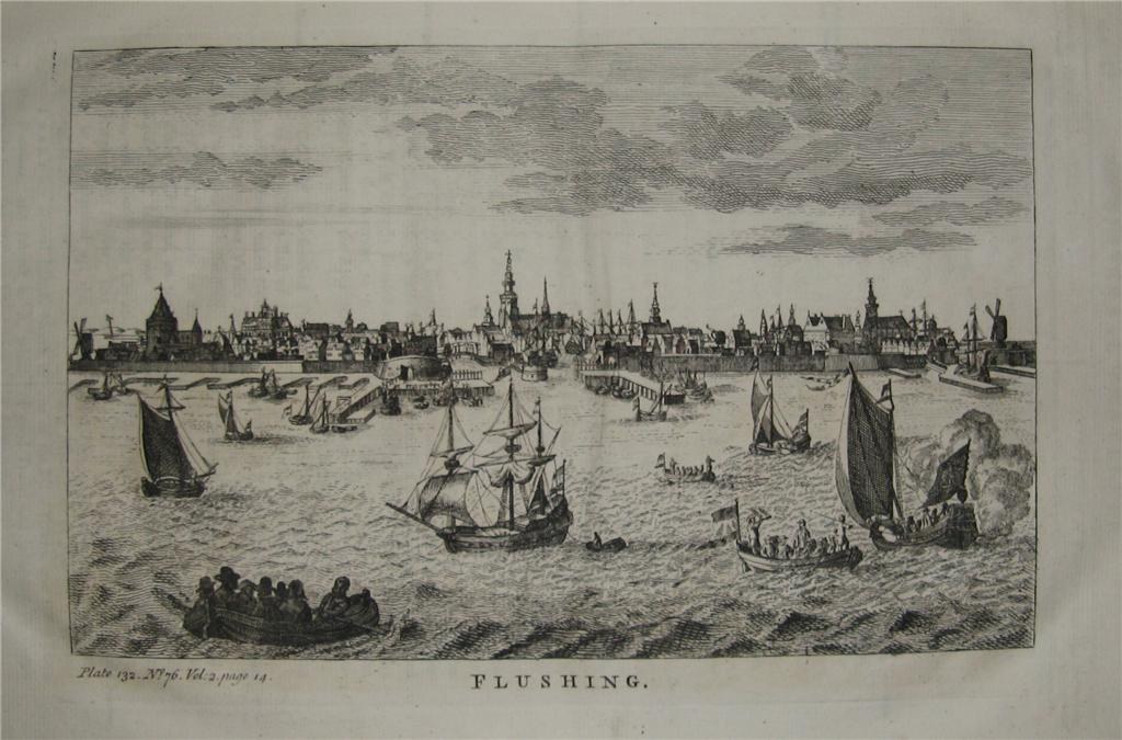 Gravur von Flushing, New York aus dem Jahr 1776, die Boote auf dem Wasser mit Menschen und Gebäuden im Hintergrund zeigt.