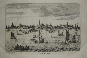 Gravur von Flushing, New York aus dem Jahr 1776, die Boote auf dem Wasser mit Menschen und Gebäuden im Hintergrund zeigt.