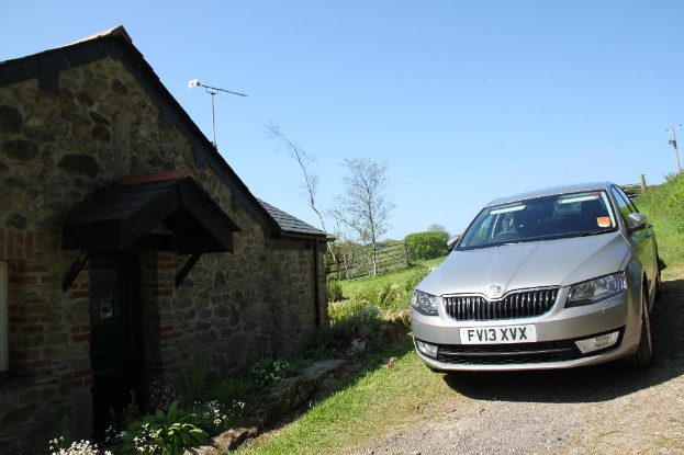 Rechts im Bild: Ein Auto, Pflanzen, ein Strommast, Gras und Erde. Links im Bild: Pflanzen, Blumen, Bäume, Zaun, ein Haus und ein Mast unter einem sonnigen Himmel.