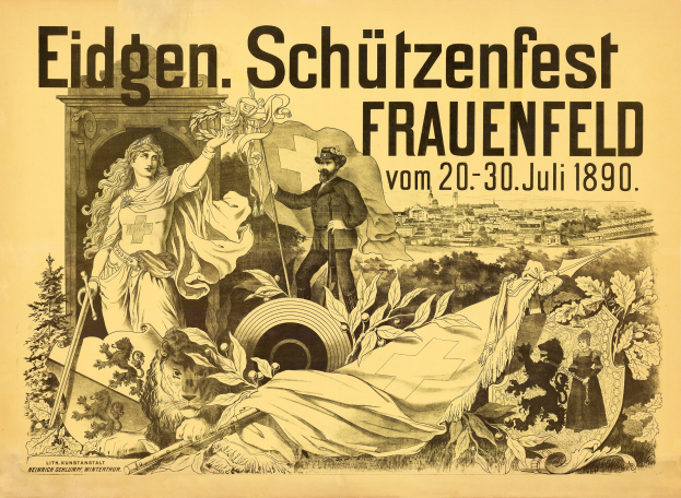 Plakat für das Eidgenössische Schützenfest in Frauenfeld, Deutschland, das einen Mann in einem Anzug und eine Frau in einem Kleid zeigt, die nebeneinander stehen, sowie Ereignisinformationen im Text.