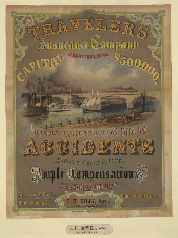 Werbeplakat für die Traveler's Insurance Company of Hartford, Connecticut, mit Booten, einer Brücke und Gebäuden sowie Texten über Reiseversicherungsdienstleistungen.