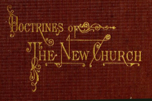 Open book titled "Doctrine of the New Church" with a page featuring a man in a black suit and white shirt holding a book and pen, surrounded by a golden border.