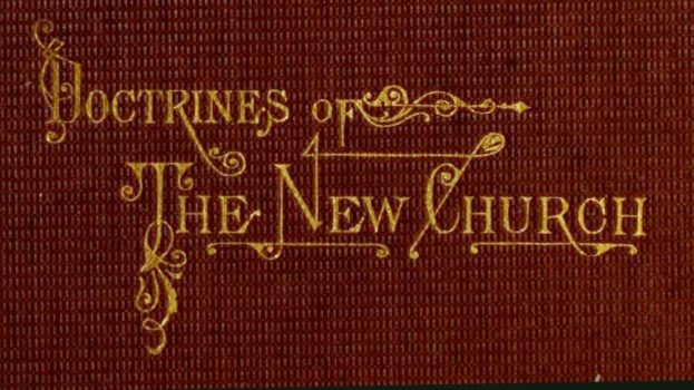 Open book titled "Doctrine of the New Church" with a page featuring a man in a black suit and white shirt holding a book and pen, surrounded by a golden border.