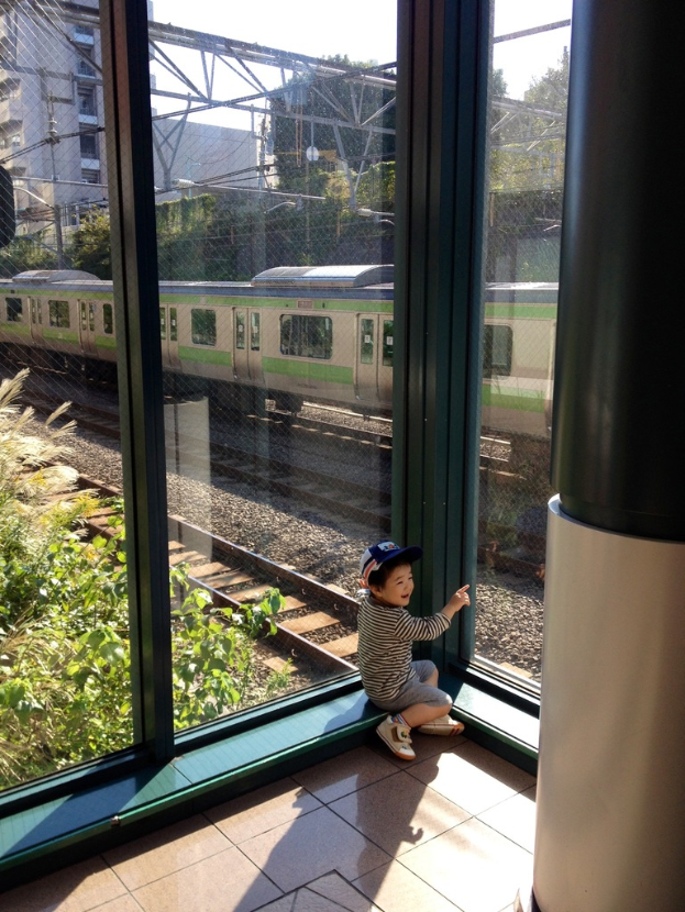Ein Kind sitzt neben einem Glasfenster mit einem Zug auf einem Gleis drau├čen, neben einem anderen Gleis, Pflanzen, Geb├Ąuden, Stromleitungen, Masten und Himmel, mit einer S├Ąule auf der rechten Seite.