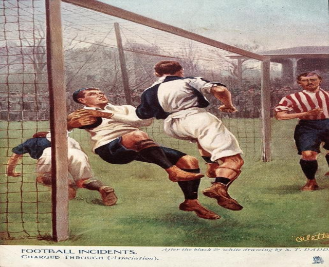 Painting of men playing soccer on a field with a net, trees, a building, and a clear blue sky, with text at the bottom reading "Football Incidents Charged Through Association."