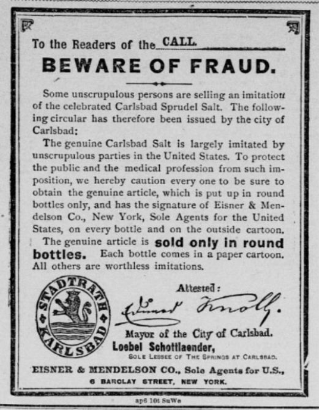 Ein Schwarz-Weiß-Plakat mit einer Betrugswarnung, das den Text 'Carlsbad Spruud Salt' und ein Firmenlogo zeigt.