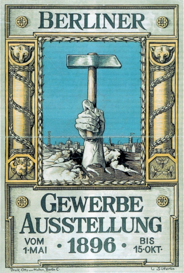 Plakat aus der Berliner Gewerbeausstellung 1896 mit einer Hand, die einen Hammer hält
