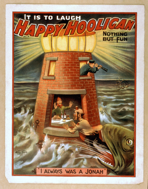 A poster featuring a lighthouse at the center, surrounded by people, a fish, and water, with the text "It is to laugh, happy hooligan, nothing but fun" at the top and bottom.