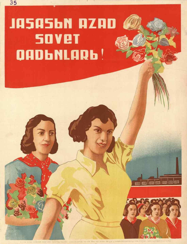 Sowjetische Propagandaplakat zum Internationalen Frauentag, das eine Frau mit Blumen zeigt, umgeben von Menschen und einem Gebäude, mit der Aufschrift "Frauentag."