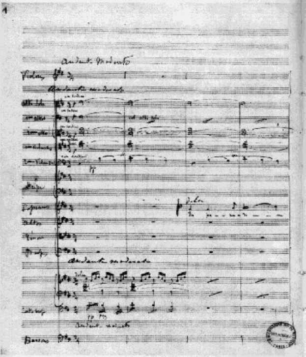 Schwarze und weiße Notenblätter für Johann Sebastian Bachs Symphonie Nr. 4 in G-Dur, Op. 63, mit einem Stempel in der rechten unteren Ecke, der "Di-Arezzo Co UK" lautet.