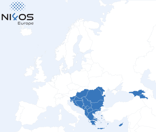 Map of Europe with provinces highlighted in blue and "Nixos Europe" text in the top left corner.