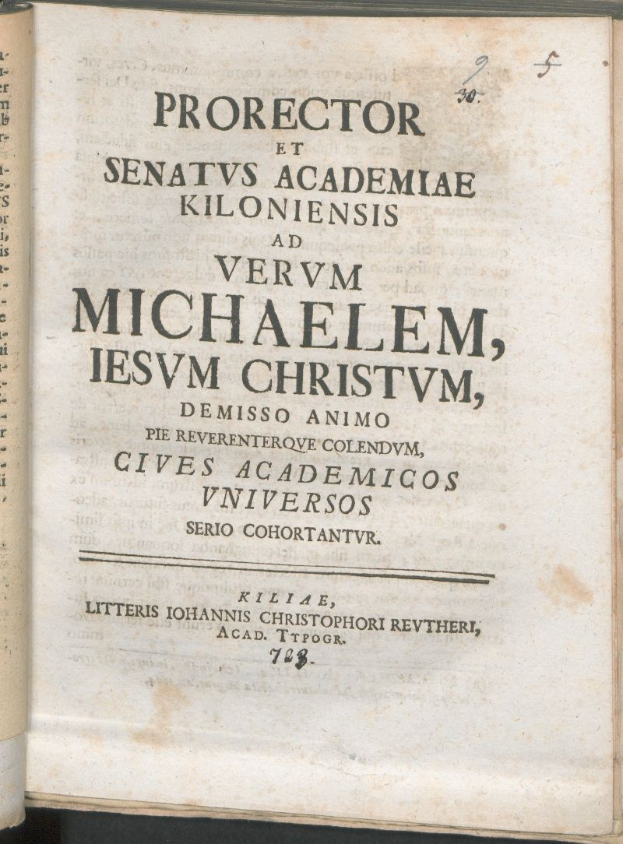 Open book titled "Proctor and Senatvs Academia Kiloniensis" with visible text inside.