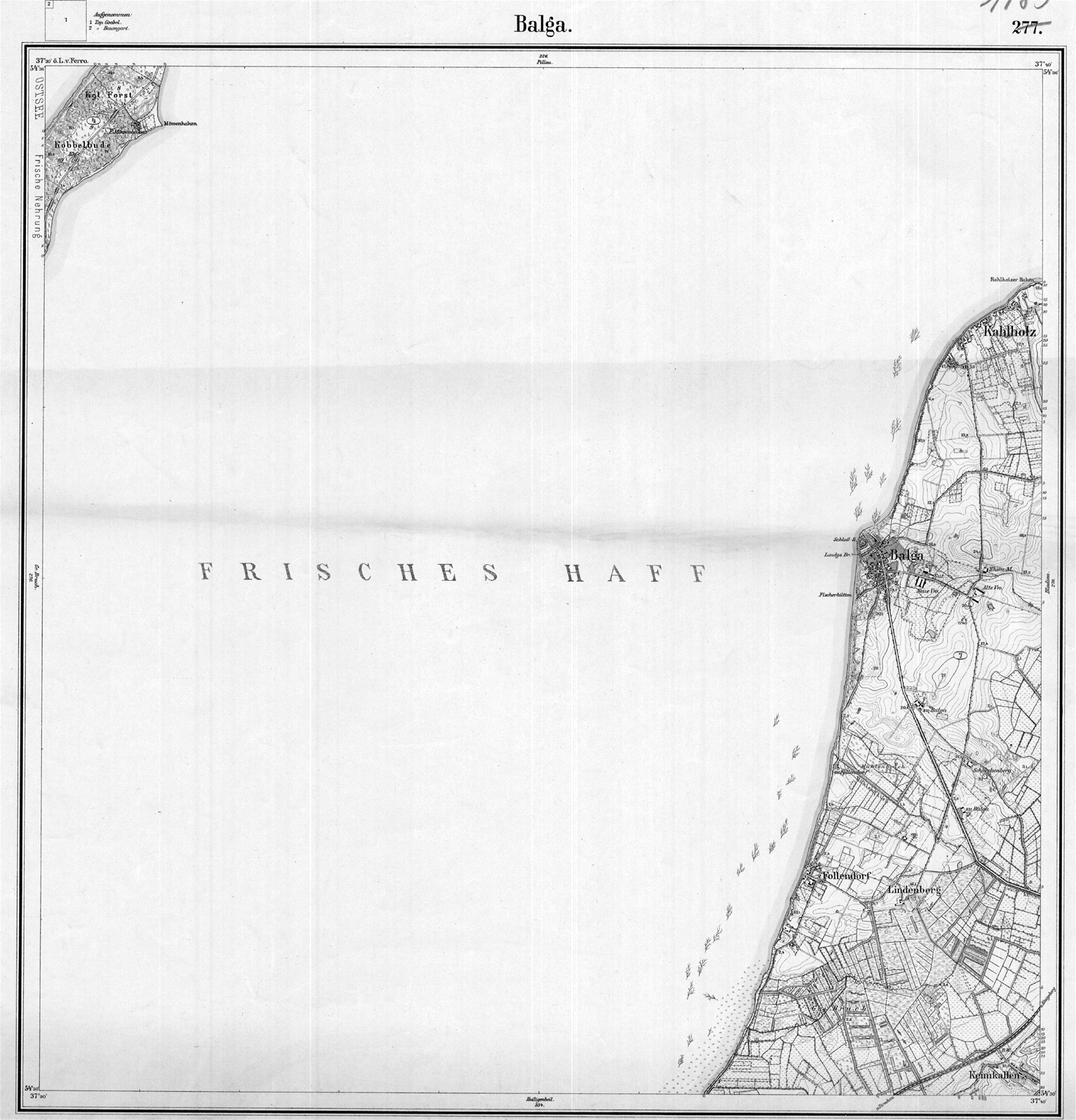 Black and white map of Frisches Haff showing streets, buildings, and landmarks.