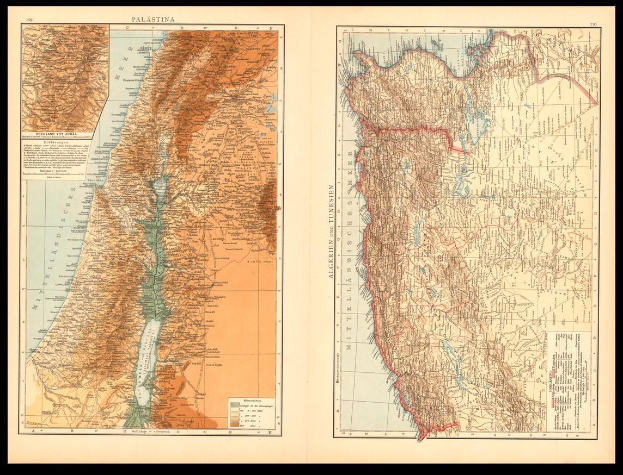Alte Karte von Palästina und Israel mit sichtbaren Grenzen, gerahmt in einem klassischen Photo-Rahmen.