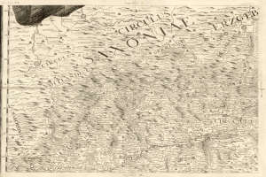 Ein altes Sachsen-Karte von Deutschland, das geografische Merkmale wie Flüsse, Berge und Städte zeigt, mit begleitendem Text, der regionale Informationen liefert.