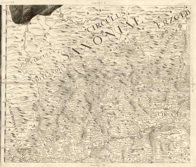 Ein altes Sachsen-Karte von Deutschland, das geografische Merkmale wie Flüsse, Berge und Städte zeigt, mit begleitendem Text, der regionale Informationen liefert.