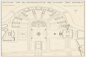 Ein detaillierter Stadtplan von Berlin, Deutschland, mit einer zentralen Illustration eines Gebäudes und einem Text, der die Stadtanlage und die Umgebung beschreibt.