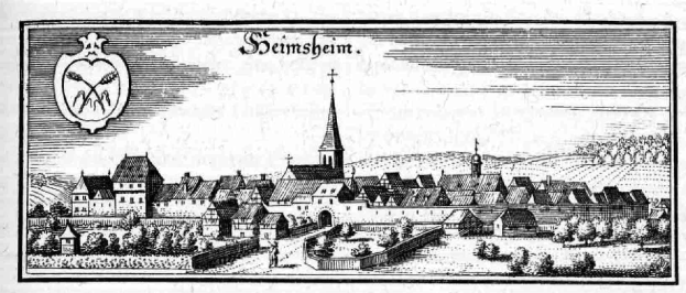 Eine Schwarz-Weiß-Zeichnung einer Stadt mit einem zentralen Uhrenturm, umgeben von Gebäuden, Bäumen, Pflanzen und einem Himmel, mit dem Text "Siemensheim, Deutschland aus dem 17. Jahrhundert" oben.