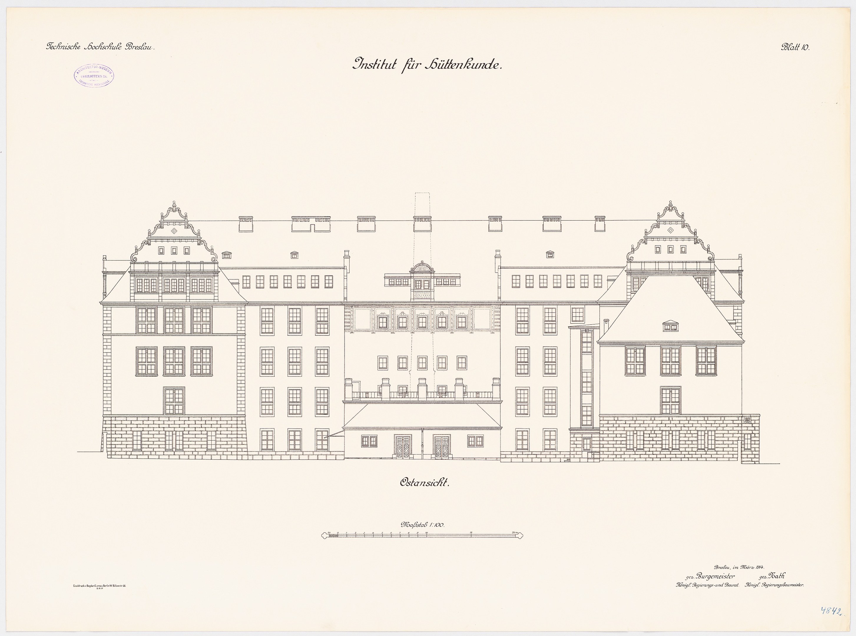 Black-and-white architectural drawing of the Institute for Büllenkunde building in Berlin, featuring numerous windows and faint text annotations.
