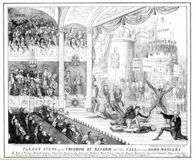 Eine Schwarz-Weiß-Zeichnung einer vollen TheaterSzene mit stehenden, sitzenden und liegenden Menschen und einer Person rechts mit einer Tafel, auf der 'Die letzte Szene des Triumphs der Reform oder der Fall der Boro Mongers' steht.