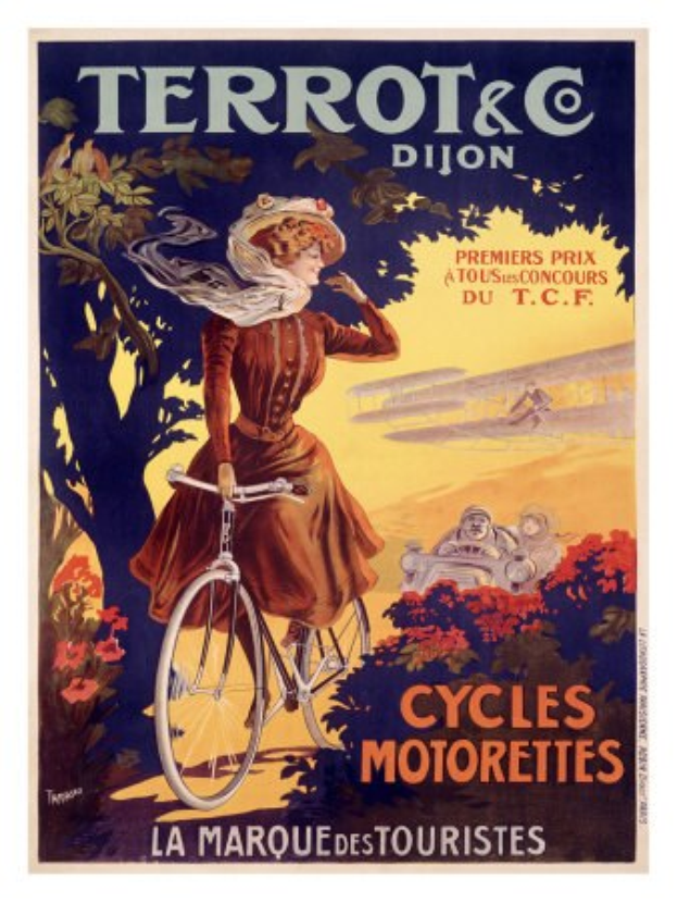 Ein Plakat, das eine Radtour in Frankreich ankündigt, zeigt eine Frau, die ein Fahrrad zwischen Bäumen, Blumen und anderen Menschen fährt, mit Text, der die Tour beschreibt.