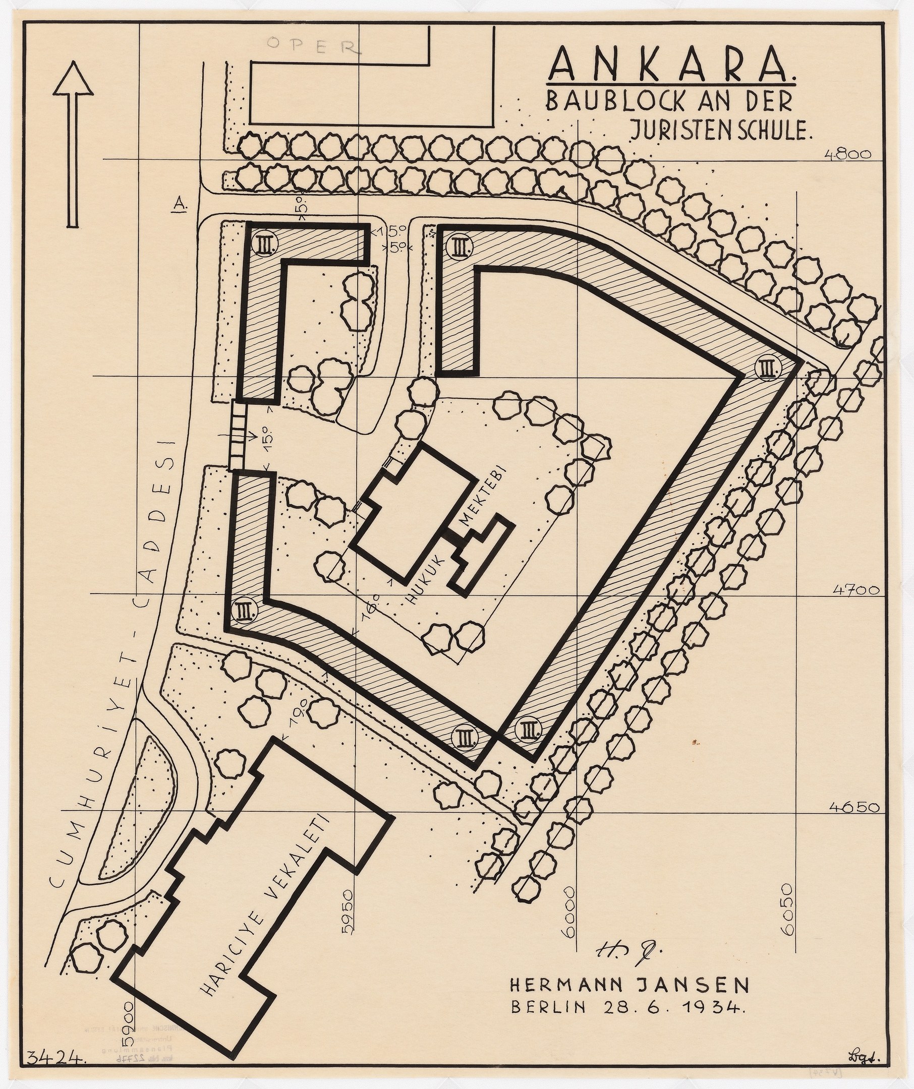 Black-and-white architectural site plan for the Ankara Baublock at the Juristen Schule in Berlin, showing building layout and surrounding area with text annotations.