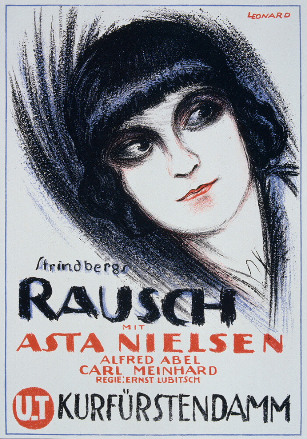 Das Gesicht von Asta Nielsen ist das zentrale Element des Filmplakats für "Rausch", wobei sie direkt in die Kamera schaut und ihre Lippen leicht geöffnet sind. Ihr Haar ist zurückgebunden und sie trägt ein weißes Kleid mit einem gemusterten Schultertuch. Der schwarze Schriftzug ist von einem weißen Rand umgeben.