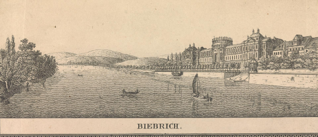 Engraving of a large building on the banks of a river in Biebrich, Germany, surrounded by trees, hills, and boats, with text at the bottom reading "Biebrich, Germany".