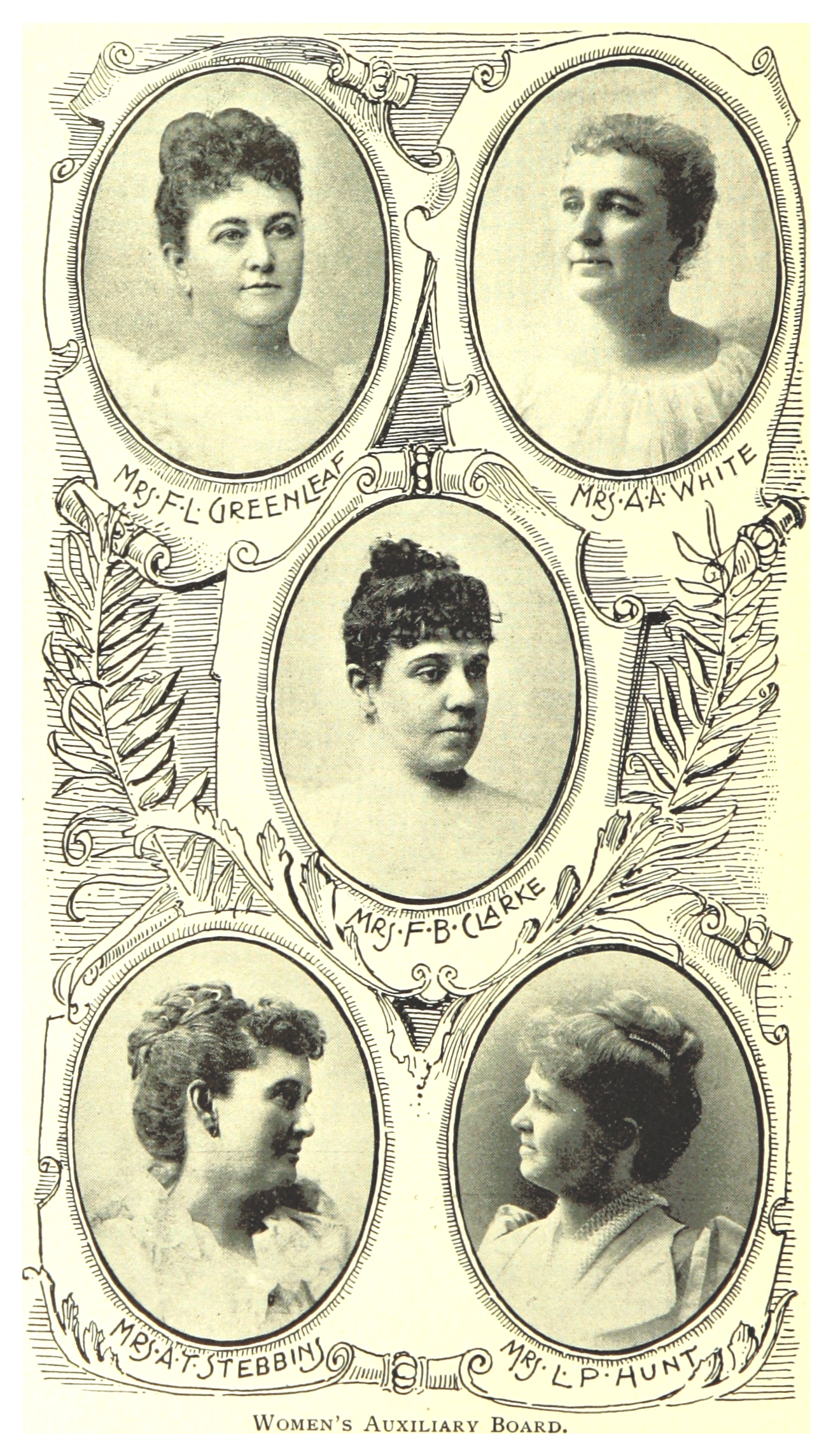 Ein altes Foto von vier Frauen mit verschiedenen Frisuren, jede mit einem menschlichen Gesicht, eingerahmt mit Text.