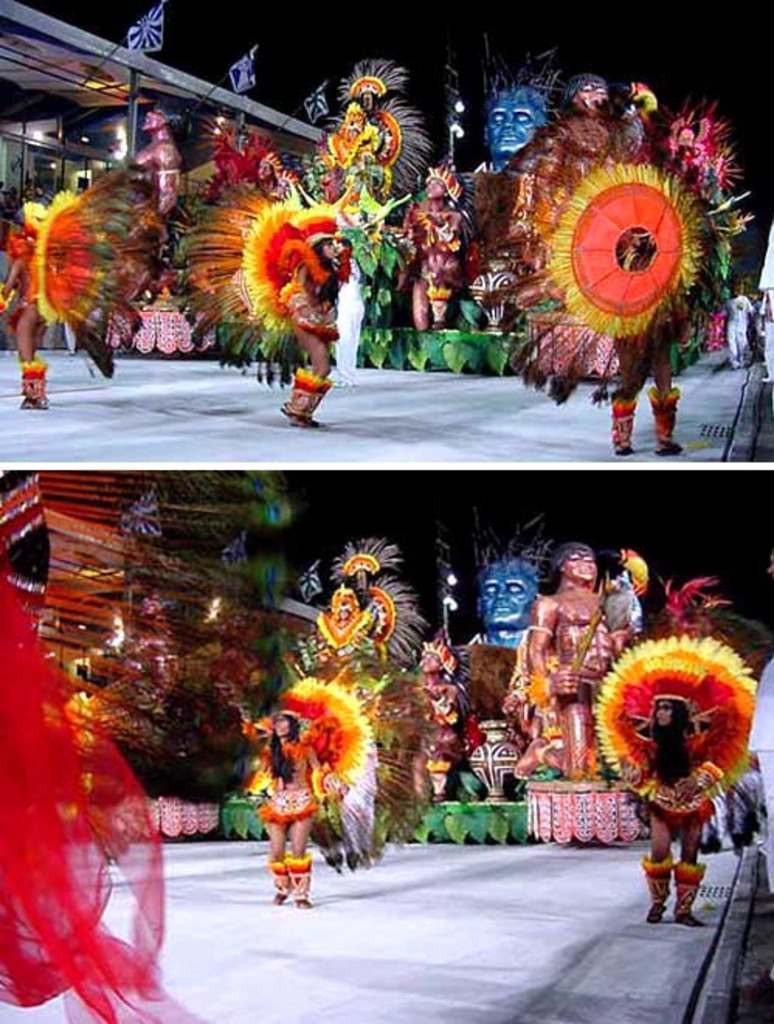 Ein Collage mit Menschen, die eine Statue und ein Gebäude darstellen.