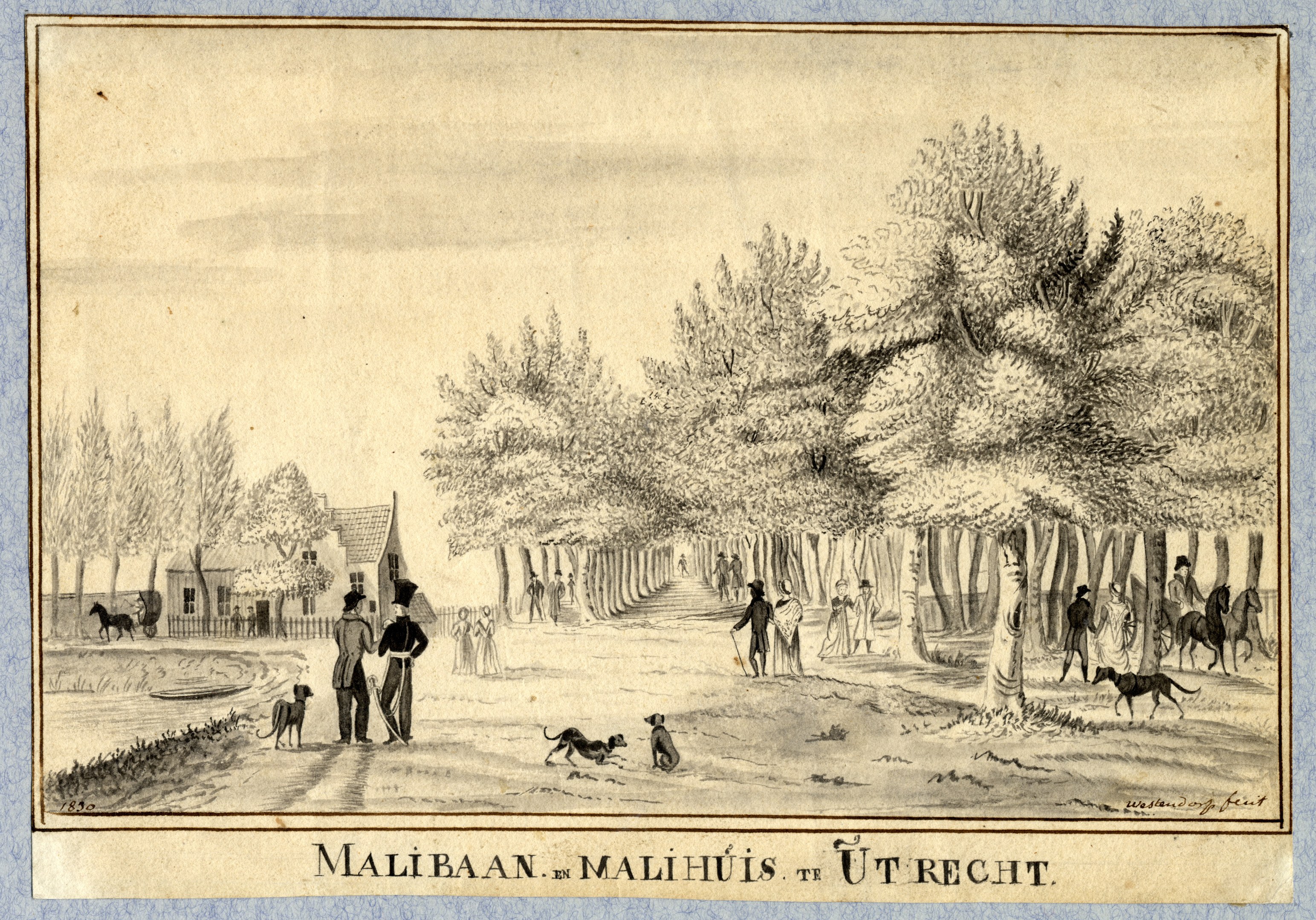 Eine Zeichnung eines Parks mit Menschen, die Hunde spazieren führen, Bäumen, Häusern und Text unten.