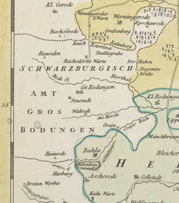 Old detailed map of Schwarzburg, Germany, displaying cities, towns, and geographical features with text annotations.