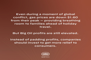 Ein brauner Hintergrund mit einer Aussage, die besagt, "Selbst in einer Phase globaler Konflikte sind die Gaspreise um $1,60 gesunken - verschaffend Atempause für Familien vor den Feiertagen."