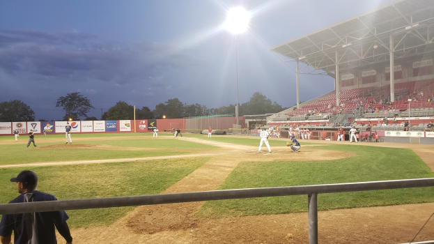 Baseballspiel im Gange mit Zuschauern auf den Tribünen, Gelúnders im Vordergrund, Böume, Masten, Lichter, Werbetafeln und blauer Himmel im Hintergrund.