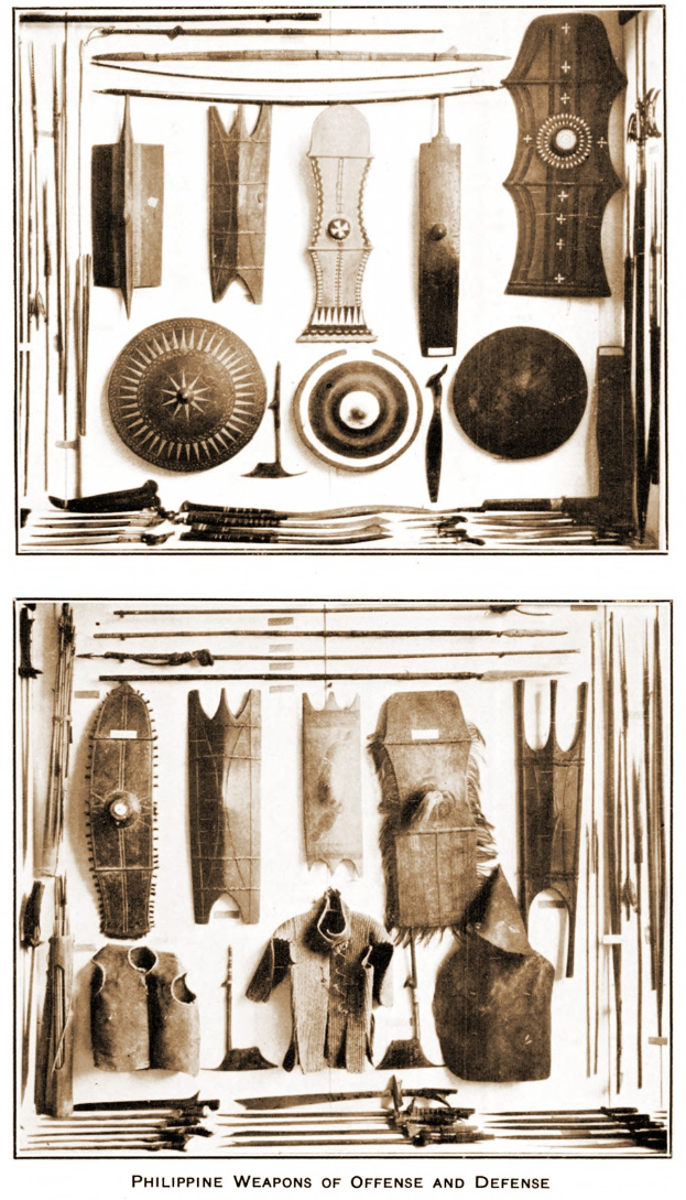 A poster displaying various Philippine weapons of offense and defense, such as swords, spears, and shields, with the title "Philippine Weapons of Offense and Defense" at the bottom.