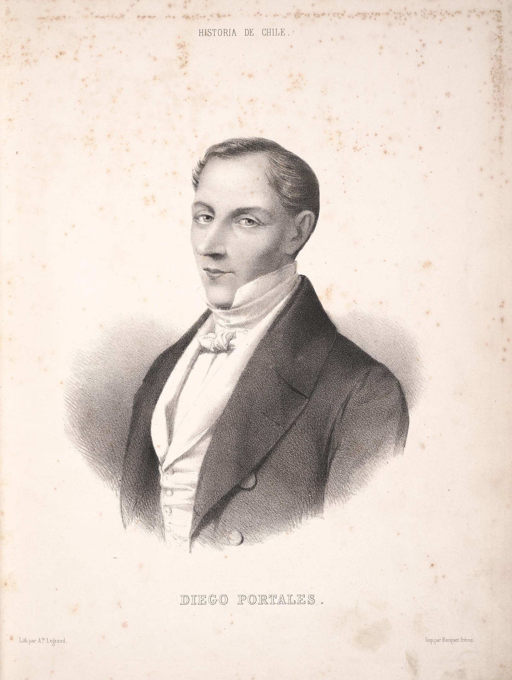 Schwarz-weiß-Zeichnung von Diego Portales, ein Mann im Anzug, mit Text auf seinem Blatt, der seine Rolle in der mexikanischen Revolution beschreibt.