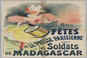 Ein Plakat, das ein Konzert in Madrid, Spanien, ankündigt und ein Gemälde einer Frau zeigt, die ein Musikinstrument spielt, mit darübergelegtem Text.