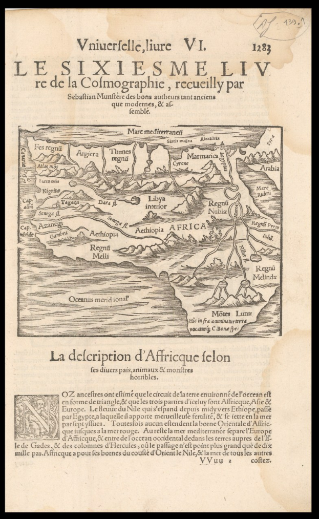 Old book with a detailed map of Africa on its cover, including geographical features like mountains, rivers, and cities, against a black background.