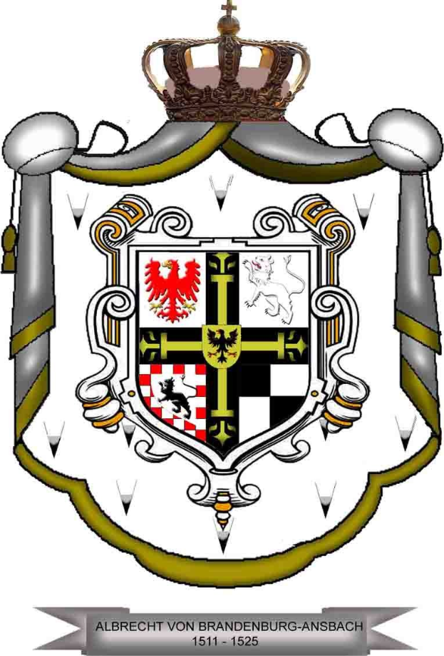 Coat of arms of Brandenburg-Ansbach featuring a shield with a lion rampant, a chevron, and a crown, topped by a crown and labeled "Brandenburg" in black text.