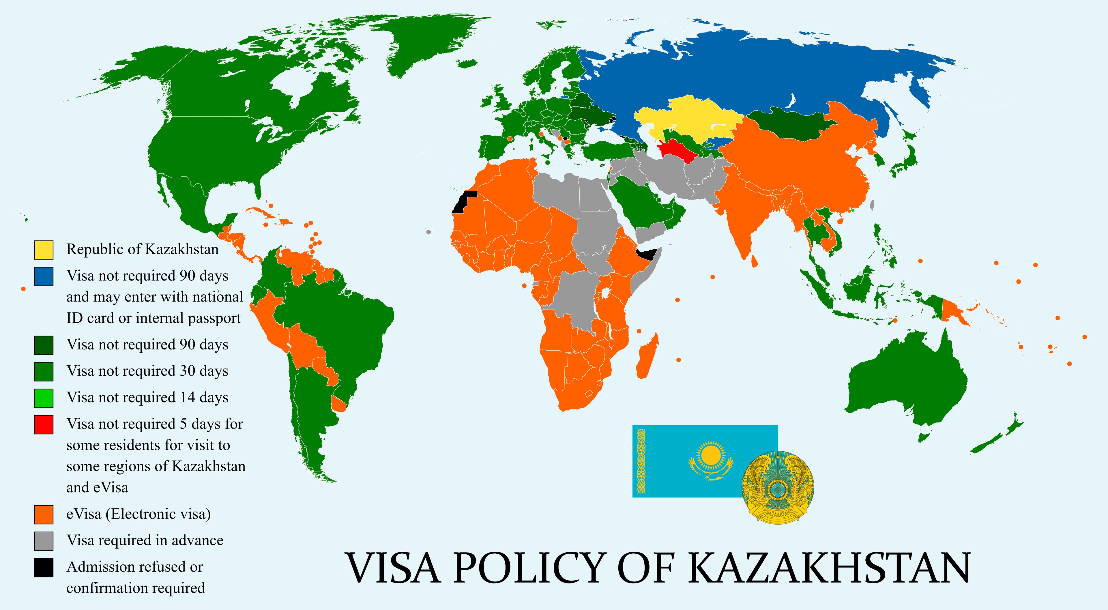 A world map colored to represent Kazakhstan's visa policy, with the caption "Visa Policy of Kazakhstan" at the bottom.