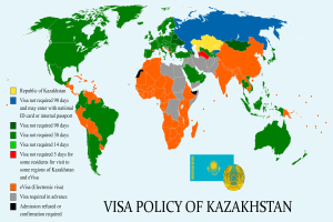 A world map colored to represent Kazakhstan's visa policy, with the caption "Visa Policy of Kazakhstan" at the bottom.