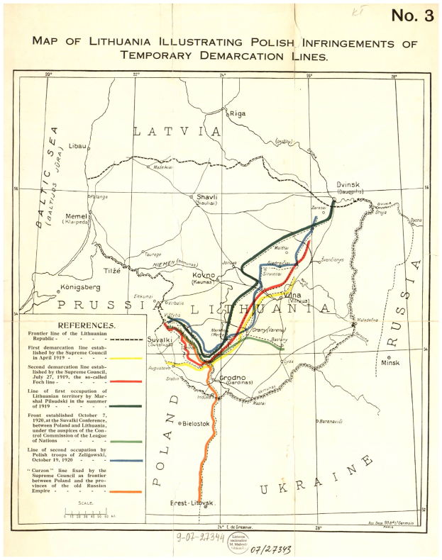 Detailierte Landkarte Litauens mit markierten polnischen Überschreitungen der temporären Demarkationslinien, einschließlich Städte, Orte und geografische Merkmale, begleitet von erklärendem Text.